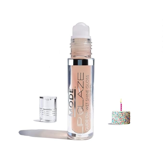 MODE Lip Glaze Flavored Lip Gloss BIRTHDAY CAKE Roll On Sweet Wet Deliciously Nourishing Shine, Hydrating Moisturizing Natural Skincare Fruit Oils