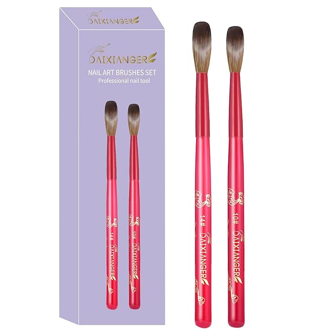 DAIXIANGER 2Pcs New Year Acrylic Nail Art Brush Set -Size 10/14, Red Handle Nail Brushes for Acrylic Application Powder & Nail Extension, 3D Nail Carving Tools for DIY Home Salon Manicure