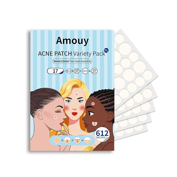 Amouy Acne Pimple Patch- 2 Sizes 612 Dots Thin & Thick Hydrocolloid Patches for Face with Witch Hazel, Tea Tree & Calendula Oil, Extra Adhesion Pimple Patches for Face Zit Patch Acne Dots