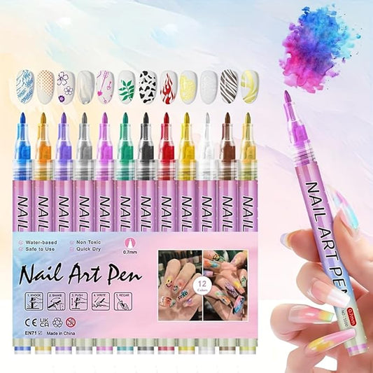 12-Color 3D Nail Art Pen Set with 0.7mm Ultra-Fine Flexible Tip for Professional Dotting Lining Gradient and Floral Design DIY Manicure Tools Perfect Valentine's Day Gift