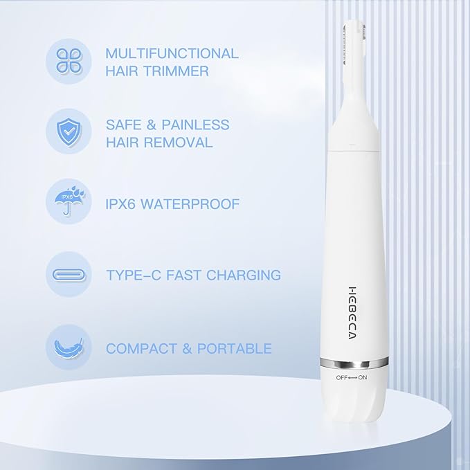 HEBECA Ear Nose Hair Trimmer for Women, Eyebrow & Face Hair Trimmers, 3in1 Electric Facial Hair Trimmer, Waterproof & Rechargeable Women's Face Hair Remover Portable (White)