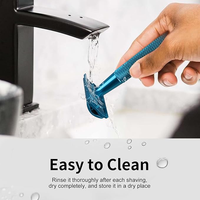 Double Edge Safety Razor with Stand, Single Blade Razors for Men and Women, with 10 Stainless Steel Double Edge Blades, Smooth and Close Shave, Plastic Free, Blue