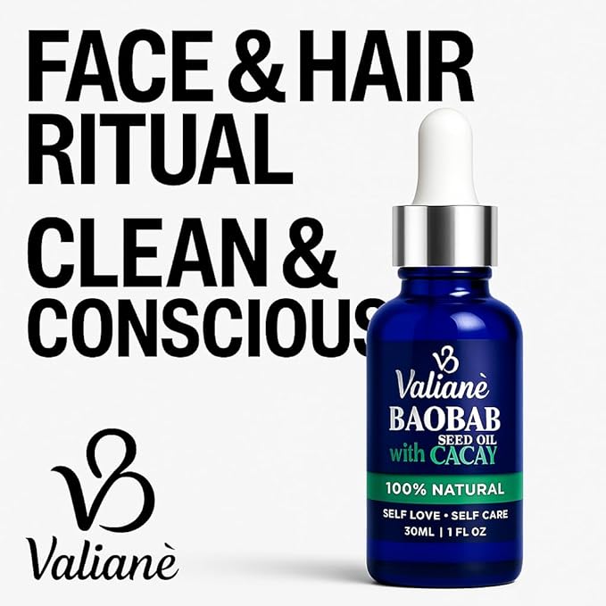 BAOBAB OIL + CACAY for HAIR & FACE Premium Enriched Blend - Hair Oil & Beard Oil - Facial Serum - Cold-Pressed Lightweight Fast-Absorbing, 100% NATURAL - for Body Neck Décolleté Nails -1 fl oz Valianè