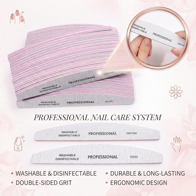 Klimonla 25PCS Professional Half Moon Emery Board Nail Files, 80/80 Grit Dual-Sided Buffer, Reusable Nail Filing Tools for Natural & Acrylic Nails, Home & Salon Manicure Supplies