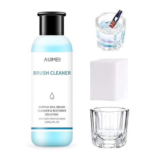 AIJIMEI Nail Brush Cleaner 120ml Gel Solution for Preserving & Restoring Nail Art Brushes Includes Glass Cup & Cleaning Cotton Pads Effective Manicure Brush Cleaning For Home Nail Salons