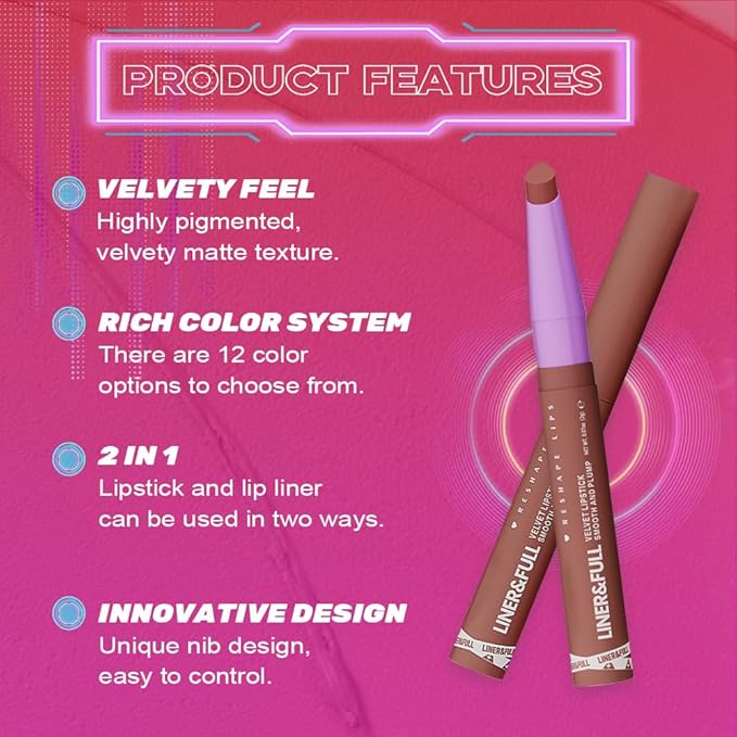 2-IN-1 Lipstick Lipliner, Velvet Matte Finish, Smooth & Plump, 12 Universal Lip Color-Nude Pink Rose Mauve Berry Plum, Creamy Formula for Lip Makeup, All-Day Wear, Cruelty-Free (#09 DUSTY CORAL)