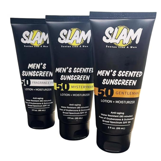 SLAM Men's Sunscreen Lotion SPF 50 & Moisturizer – Face & Body Sunblock, Anti-Aging, Water-Resistant, Hawaii Act 104 Safe, Skincare for Men, Scented & Unscented – 3 fl oz. each- Trio pack.