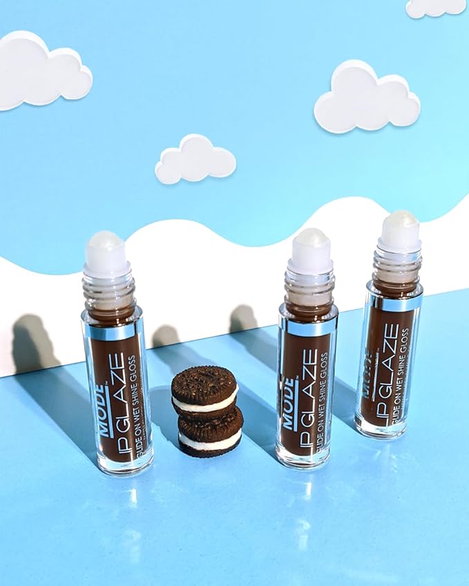 MODE Lip Glaze Flavored Lip Gloss Yummy COOKIES & CREAM Delicious Flavor, Roll On Sweet Wet Nourishing Shine, Hydrating Natural Skincare Fruit Oils, Made in NY USA