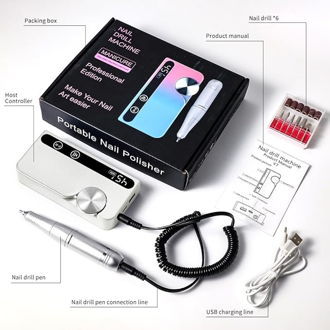 ANRLO Professional Electric Nail Drill, 45000 RPM Cordless Rechargeable E-File Machine, with 12 Bits, Sanding Bands, LCD Display for Acrylic Gel Nails (Metallic White)