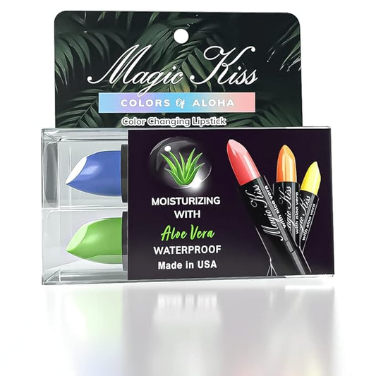 Magic Kiss Color Changing Matte Lipstick set, Long Lasting Nutritious Lips Moisturizer Magic Temperature Color Change Lip Balm with Aloe Vera PH Lipstick MADE IN USA (2 Pack - Green & Blue)