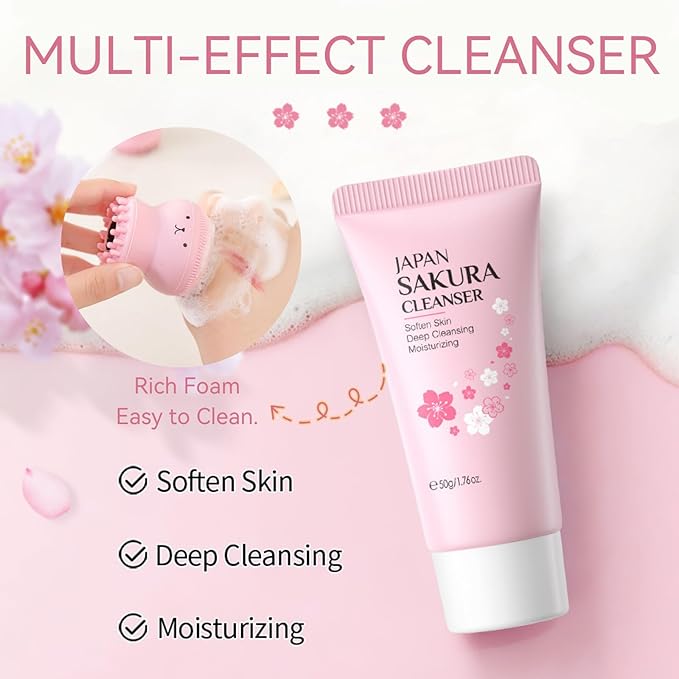 Skincare Set Sakura Teen Girls Gifts - Skin Care Set - Skincare for Teens 10-12 Hydrating - Travel Size Facial Kit for Women with Cleanser,Serum,Cream,Bunny Headband,Cleansing Brush（5pcs）