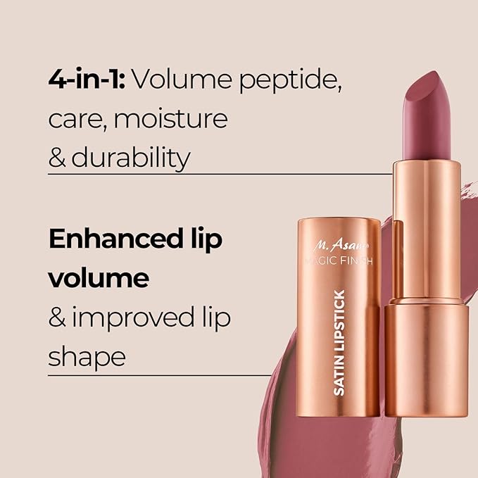 M. Asam Magic Finish Satin Lipstick (0.14 Oz) in a romantic Rosewood Shade, Long-lasting, Silky matte finish without drying out, creamy texture nourishes with Hyaluronic Acid