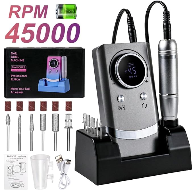 ANRLO Professional Electric Nail Drill, 45000 RPM Cordless Rechargeable E-File Machine, with 12 Bits, Sanding Bands, LCD Display for Acrylic Gel Nails (DMJ-V8-Gray-USB)