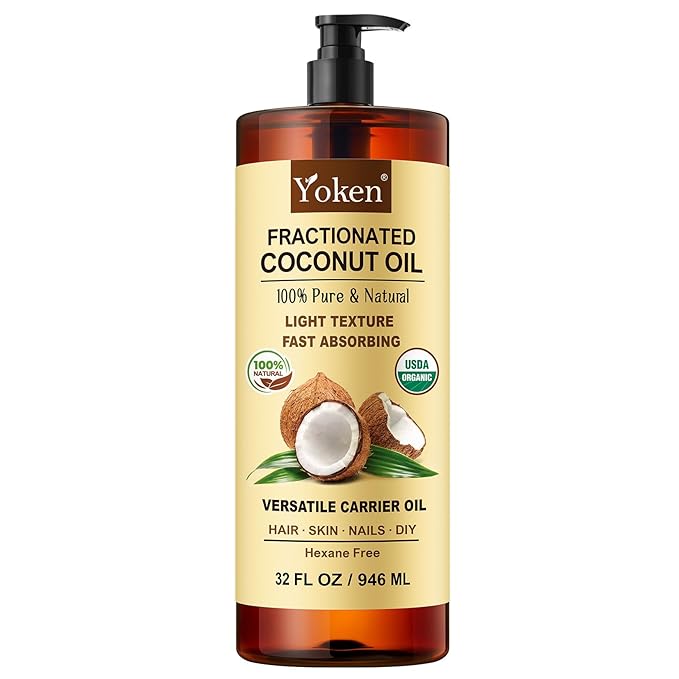 Yoken Organic Fractionated Coconut Oil, 32 Fl Oz, USDA Certified Liquid Coconut Oil for Hair & Body, Carrier Oil for Essential Oils, Unscented, Hexane Free