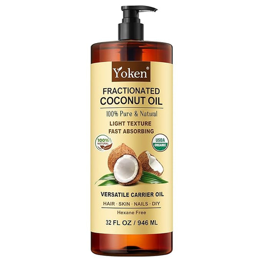 Yoken Organic Fractionated Coconut Oil, 32 Fl Oz, USDA Certified Liquid Coconut Oil for Hair & Body, Carrier Oil for Essential Oils, Unscented, Hexane Free