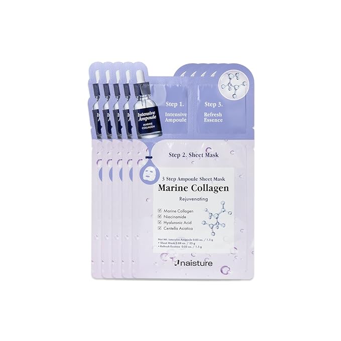 Naisture 3 Step Ampoule Mask with Marine Collagen: Hydrating Set for Skin Elasticity, Smoothing, and Moisture. Korean Skincare Kit with Ampoule, Sheet Mask, and Essence (5 pcs)
