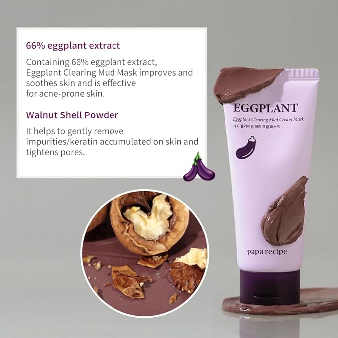 Papa Recipe Eggplant Mud Mask – Kaolin & Bentonite Clay for Pore Care & Gentle Exfoliation – Hydrating Korean Skincare with Cica