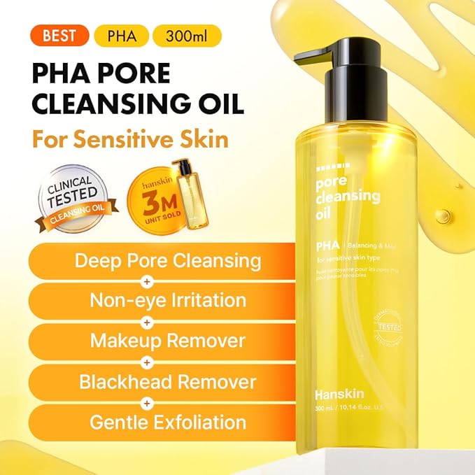 Hanskin Pore Cleansing Oil, Oil Cleanser for Face, Makeup Blackhead Sebum Remover, Korean Deep Pore Cleanser for Sensitive Skin [PHA] (10.14 oz)