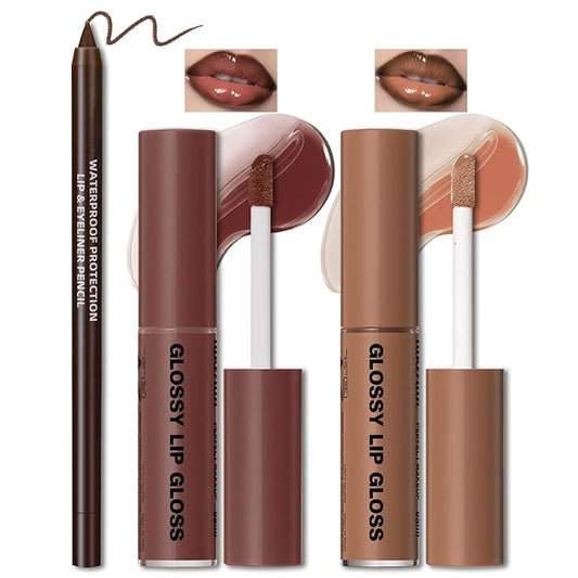 2 Colors Nourishing Lip Gloss Hydration Non-Sticky Plumping Lip Kit for Women, Natural Nude Tinted Lip Glow Oil Moisturizing Lightweight Long Wear Shiny Liquid Lipstick with Lip Liner Combo