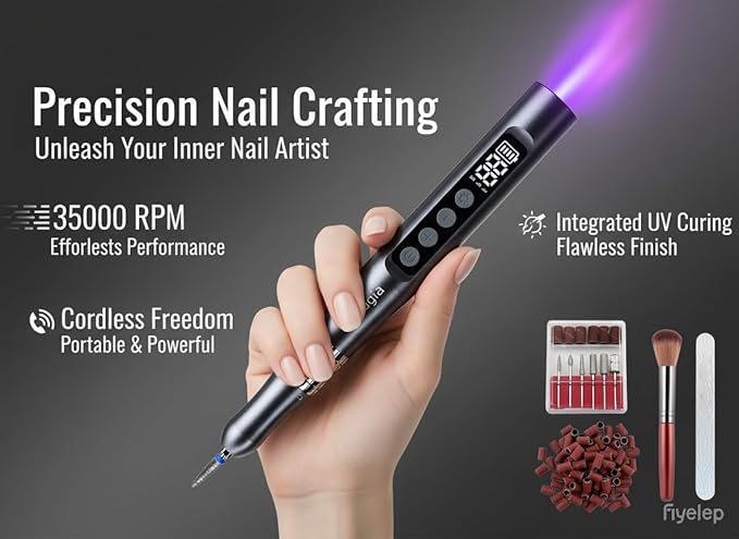Professional Cordless Nail Drill and UV Light, 35000 RPM Electric Nail File Acrylic Gel Dip Powder Nail Tools, Portable Rechargeable Nail Pedicure Kit for Home & Travel, Gray(KY-9GJ)