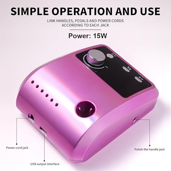 ANRLO Professional Electric Nail Drill, 45000 RPM Cordless Rechargeable E-File Machine, with 12 Bits, Sanding Bands, LCD Display for Acrylic Gel Nails (DMJ-204-Purple-US)
