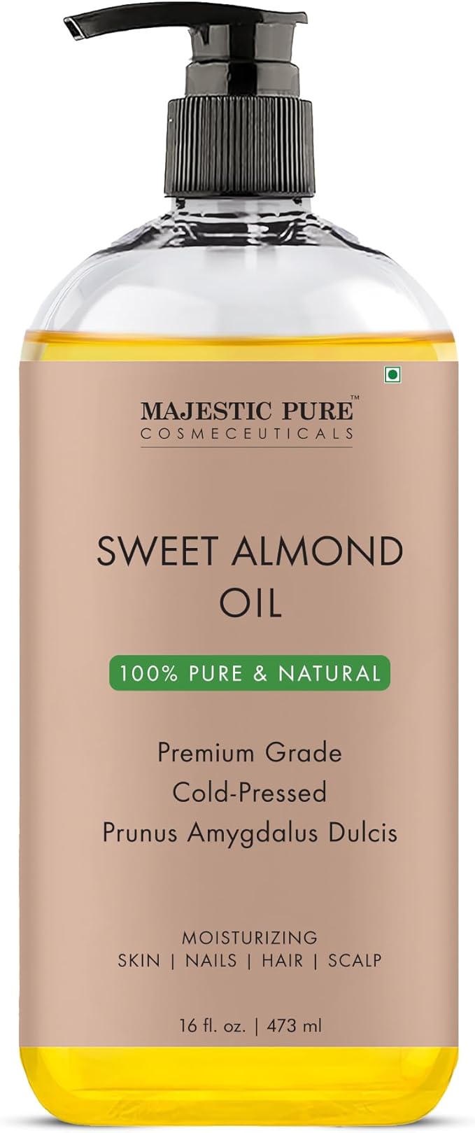MAJESTIC PURE Sweet Almond Oil, Triple A Grade Quality, Pure and Natural from Spain, Cold Pressed, (Packaging May Vary) - 16 fl. Oz