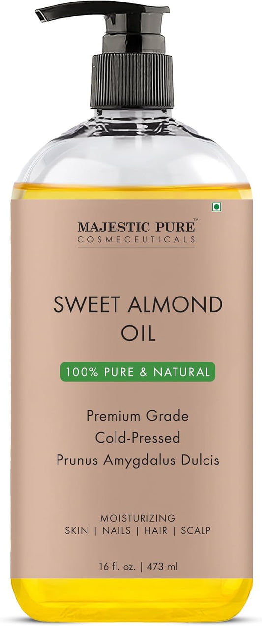 MAJESTIC PURE Sweet Almond Oil, Triple A Grade Quality, Pure and Natural from Spain, Cold Pressed, (Packaging May Vary) - 16 fl. Oz