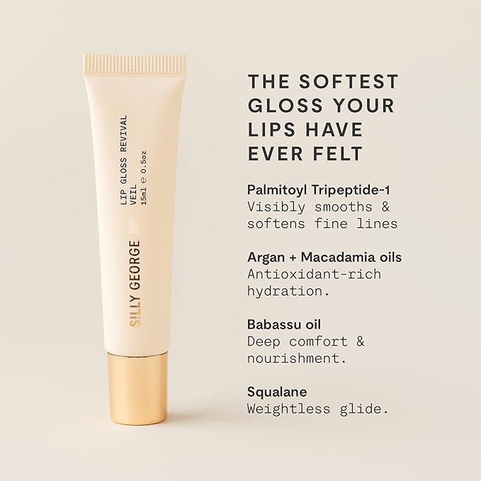Silly George Lip Gloss Revival - Glossy Hydrating Glaze with Peptides, Shea Butter, & Moisturizing Argan, Macadamia, Babassu Oil for Dry Lips, Clean Beauty Products, Veil, 15ml Tubes