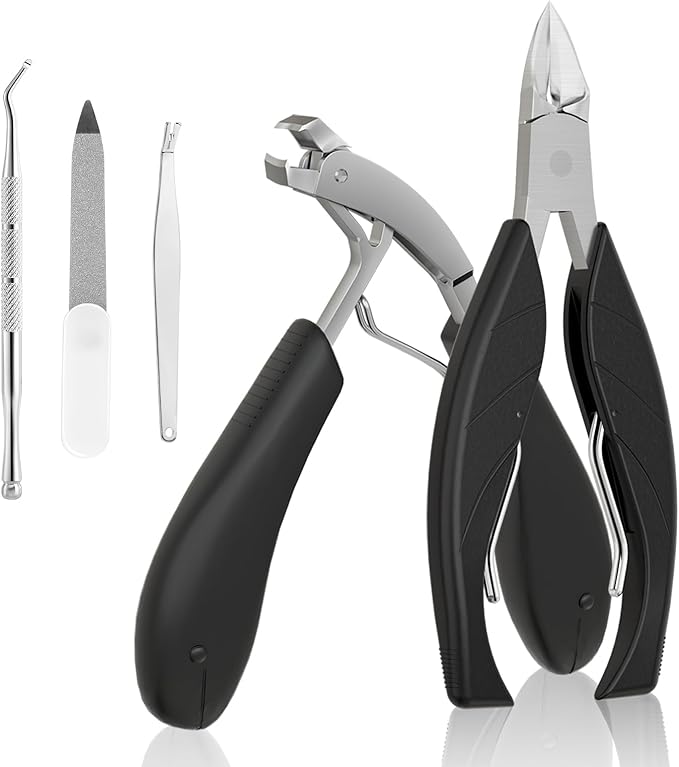 SmilVie Toe Nail Clippers for Seniors, Dual- Angled Head & Long Handle, Heavy Duty Ingrown Toenail Clipper Set for Men (Black 5-in-1 Set)