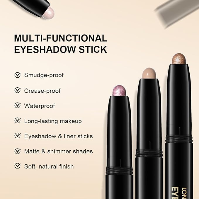 CHIFURE Eyeshadow Stick, Shimmer and Matte Cream Eye Shadow Brightener Sticks Eyeliner Pencil Crayon, Waterproof Long Lasting Eye Highlighter Stick Makeup,0.056 Oz(2PCS #6-Oyster+#9-Champagne)