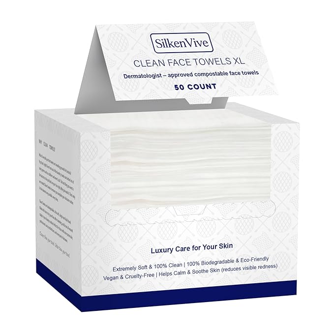 SilkenVive Disposable Face Towel XL (50 Count, 25x30cm) – Ultra Soft Lint-Free Facial Towels for Women Cleansing, Makeup Remover Dry Wipes, Travel Essentials, Bathroom & Guest Room Beauty Products