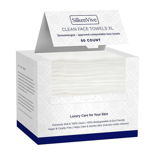 SilkenVive Disposable Face Towel XL (50 Count, 25x30cm) – Ultra Soft Lint-Free Facial Towels for Women Cleansing, Makeup Remover Dry Wipes, Travel Essentials, Bathroom & Guest Room Beauty Products