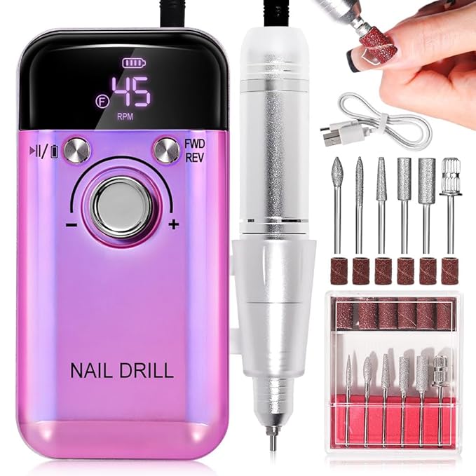 ANRLO Professional Electric Nail Drill, 45000 RPM Cordless Rechargeable E-File Machine, with 12 Bits, Sanding Bands, LCD Display for Acrylic Gel Nails (DMJ-V6-Purple)