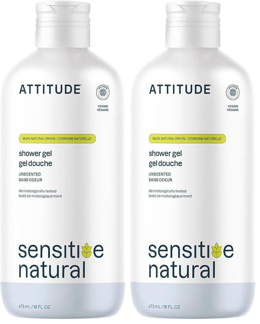 ATTITUDE Body Wash for Sensitive Skin with Oat, EWG Verified, Dermatologically Tested, Vegan, Extra Gentle, Unscented, 16 Fl Oz (Pack of 2)