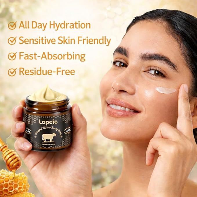 Lopeie Upgraded 4.23 Oz Organic Beef Tallow for Skin & Face – Whipped Grass-Fed Tallow and Honey Balm for Dry, Sensitive Skin, Natural Hydrating Anti Aging Face Moisturizer with Raw Honey (Unscented)