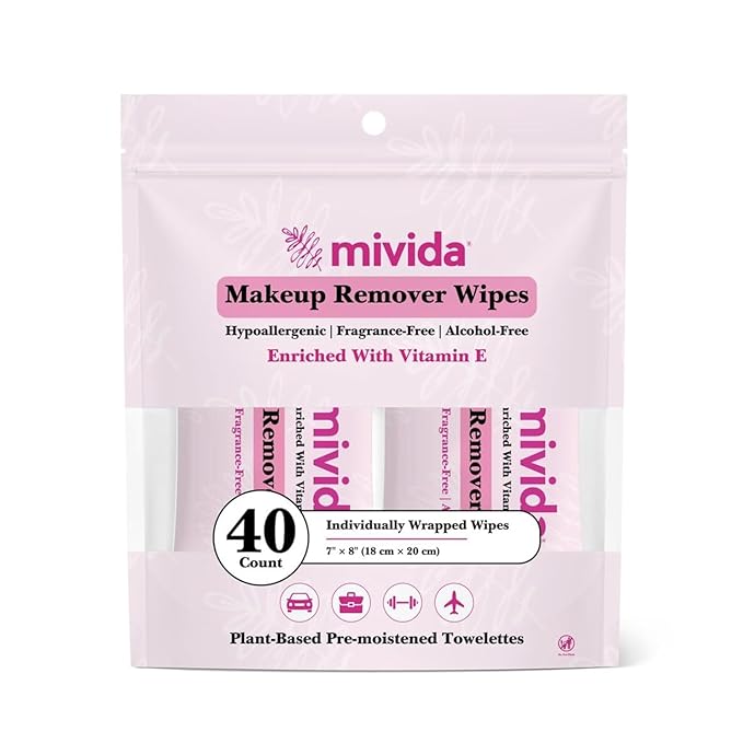 mivida 40 Count Hypoallergenic Makeup Remover Wipes Individually Wrapped With Vitamin E, Alcohol Free, Fragrance Free Make up Remover Wipes For Face, Gentle for Sensitive Skin, Plant-Based