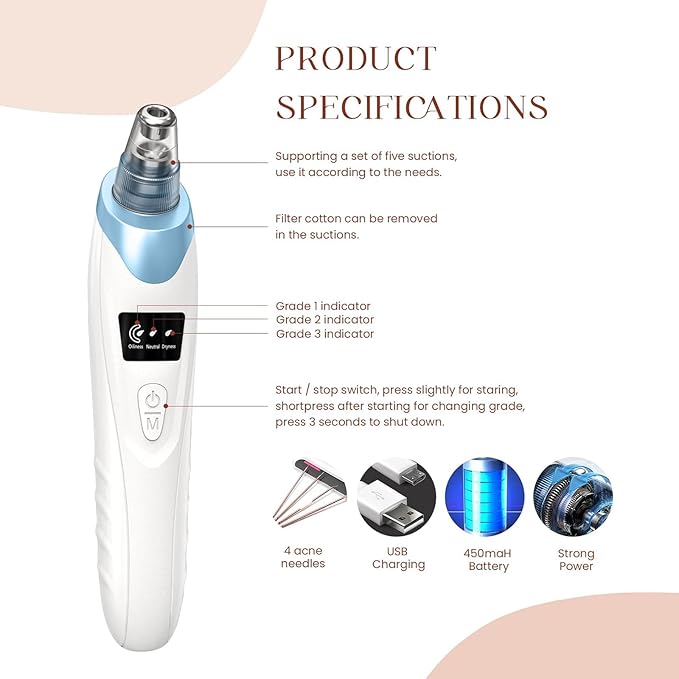 2025 Blackhead Remover Pore Vacuum,Facial Pore Cleaner-5 Suction Power,5 Probes,USB Rechargeable Blackhead Vacuum Kit Electric Acne Extractor Tool for Adult
