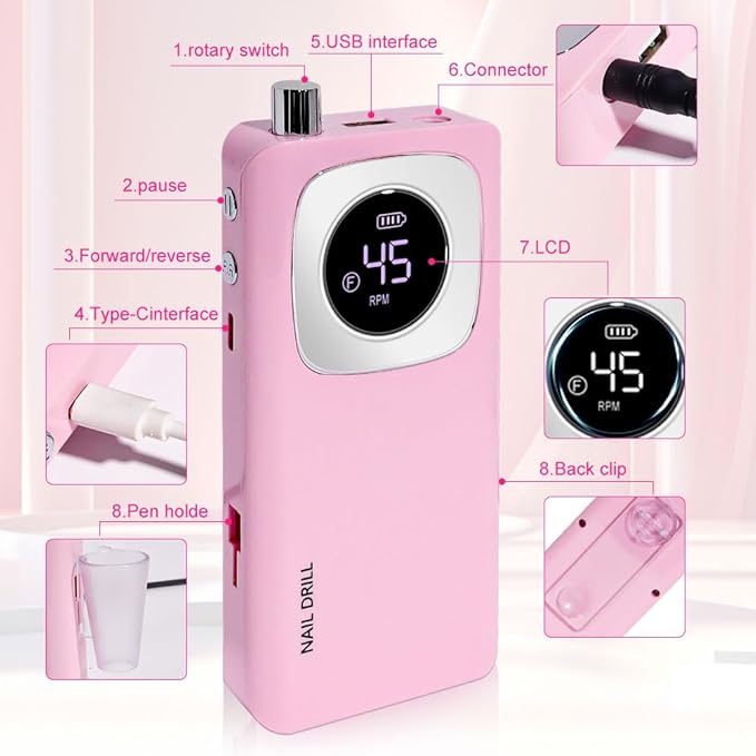 ANRLO Professional Electric Nail Drill, 45000 RPM Cordless Rechargeable E-File Machine, with 12 Bits, Sanding Bands, LCD Display for Acrylic Gel Nails (DMJ-V4-PINK-USB)