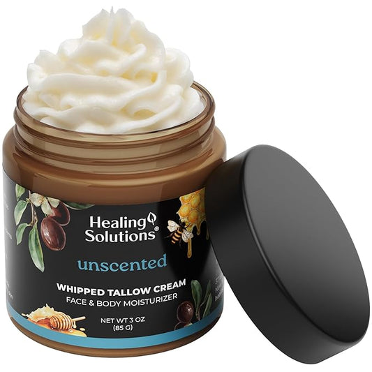 Healing Solutions - Whipped Tallow Balm, 100% Grass Fed/Grass Finished Beef Tallow with Organic Jojoba & Manuka Honey for Skin, Face & Body, All Natural Moisturizer Cream, Made in USA