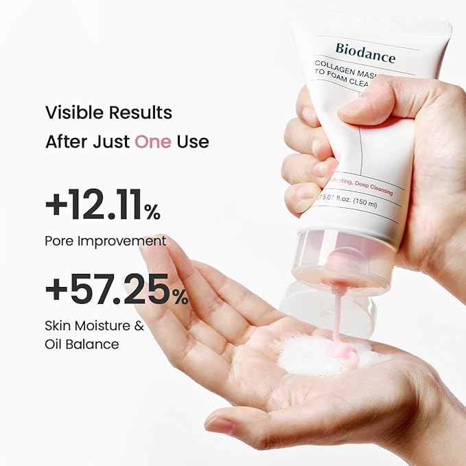 BIODANCE Collagen Mask To Foam Cleanser, Pink Face Wash for Women, 2-in-1 Pore Mask and Hydrating Foaming Facial Cleanser for Sensitive Skin, Oily Skin, Korean Skincareㅣ5.07 fl. oz. (150 ml)