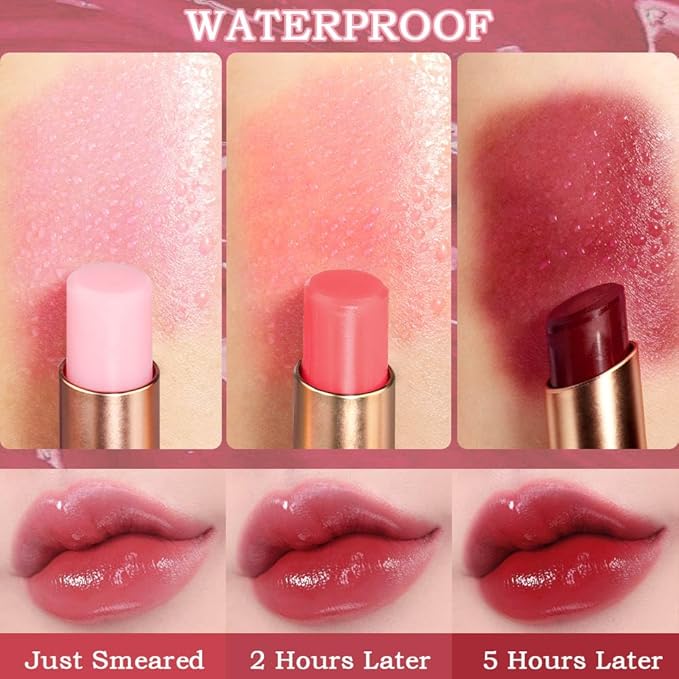 evpct 3Pcs Color Changing Lipstick Long Lasting Waterproof 24 Hours Original for Women, Peach Strawberry Black Red Cherry Pink PH Mood Permanent Color Changing Lipstick Lip Balm, labial magico
