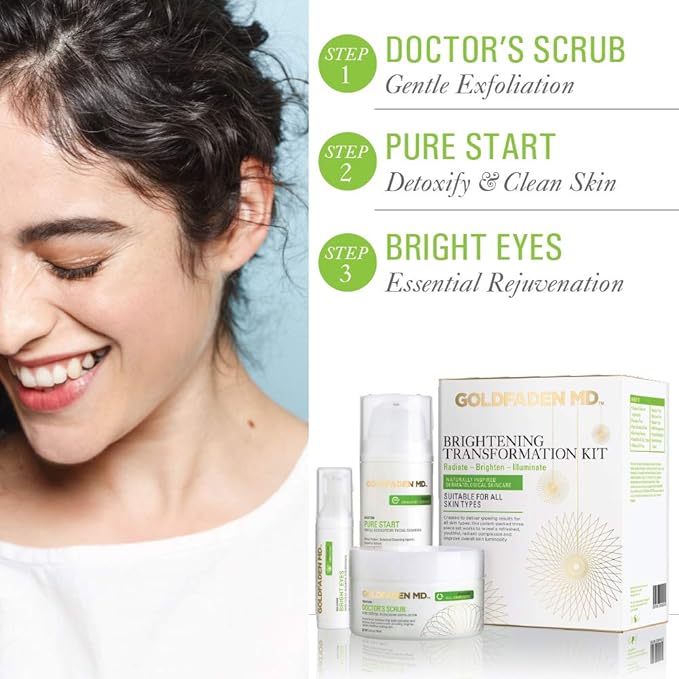 GOLDFADEN MD Brightening Transformation Kit | Advanced Skin Care Regime For Face | Includes Doctors Scrub Microdermabrasion Exfoliator, Pure Start Cleanser & Bright Eyes Eye Cream | 3 Pc Set
