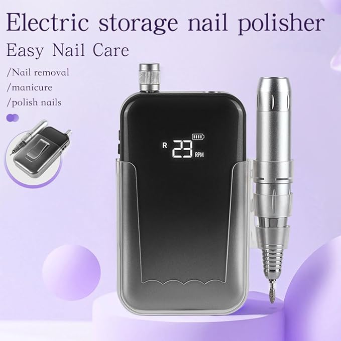 ANRLO Professional Electric Nail Drill, 45000 RPM Cordless Rechargeable E-File Machine, with 12 Bits, Sanding Bands, LCD Display for Acrylic Gel Nails (DMJ-BLY-P30-Black)