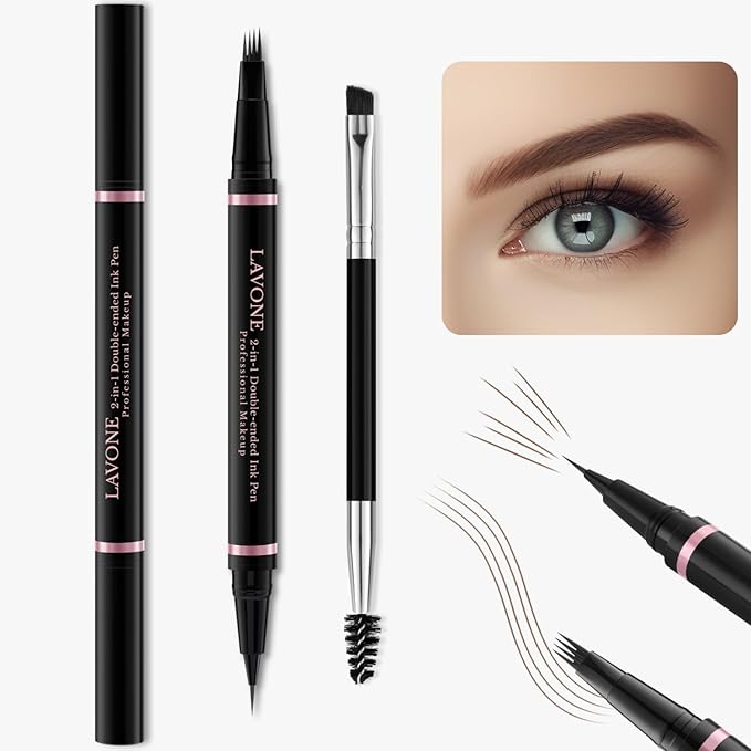 Eyebrow Pencil, 2-in-1 Waterproof Eyebrow Pen with 4 Tip Brow Pen and Ultra-Precise Brow Pencil, with Dual-ended Eyebrow Brush, Eyebrow Makeup for Natural Looking Eyebrows - Dark Brown