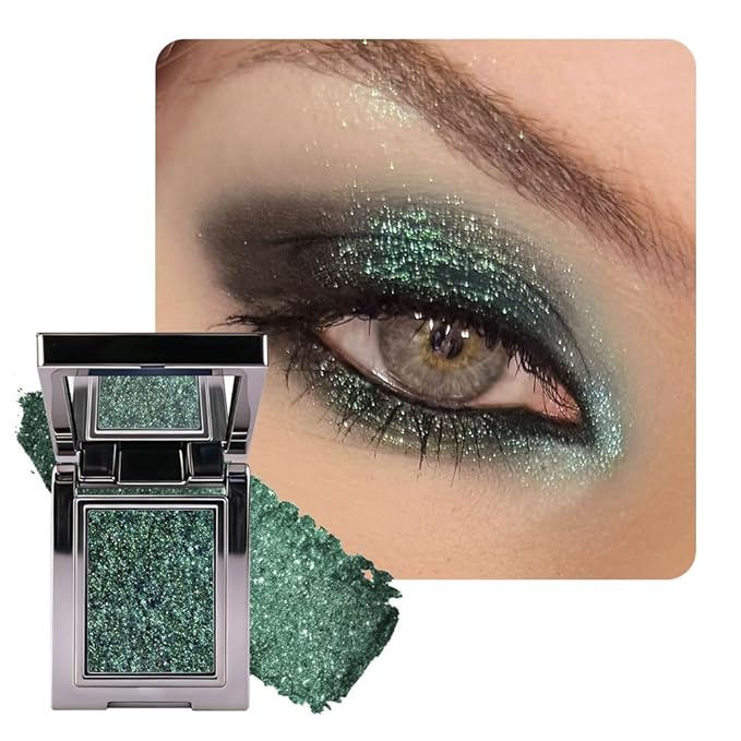 Sparkly Eyeshadow Palette for Women, Single Monochrome Eye Shadow Makeup, Shiny Pressed Cream Powder, Blendable Natural sombras para ojos, Holographic,Vegan,Travel (09-sparkly-Green)