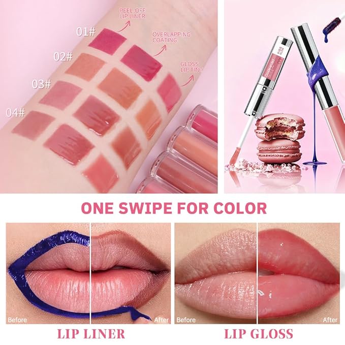 Peel Off Lip Liner & Gloss – Long-Lasting Smudge-Proof Soft Rosy Peach Lip Tint & Lip Stain Liner with Hydrating High Shine Gloss for Defined, Fuller Peachy Lips – Waterproof Soft Glam Lip Makeup