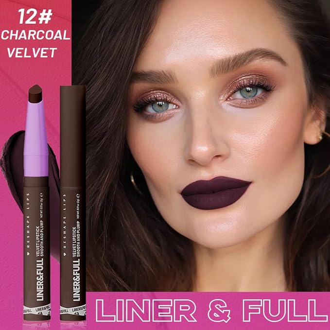 2-IN-1 Lipstick Lipliner, Velvet Matte Finish, Smooth & Plump, 12 Universal Lip Color-Nude Pink Rose Mauve Berry Plum, Creamy Formula for Lip Makeup, All-Day Wear, Cruelty-Free (#12 CHARCOAL VELVET)