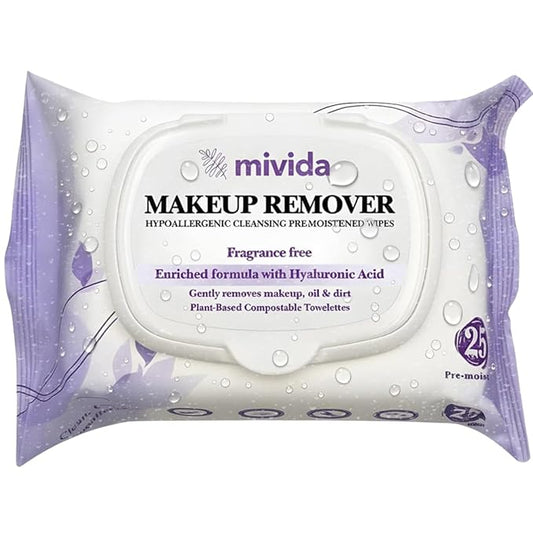 mivida Hypoallergenic Makeup Remover Wipes with Hyaluronic Acid, Alcohol Free & Fragrance Free Makeup Wipes For Sensitive skin, Plant Based Make Up Remover, Travel Friendly 25 Count