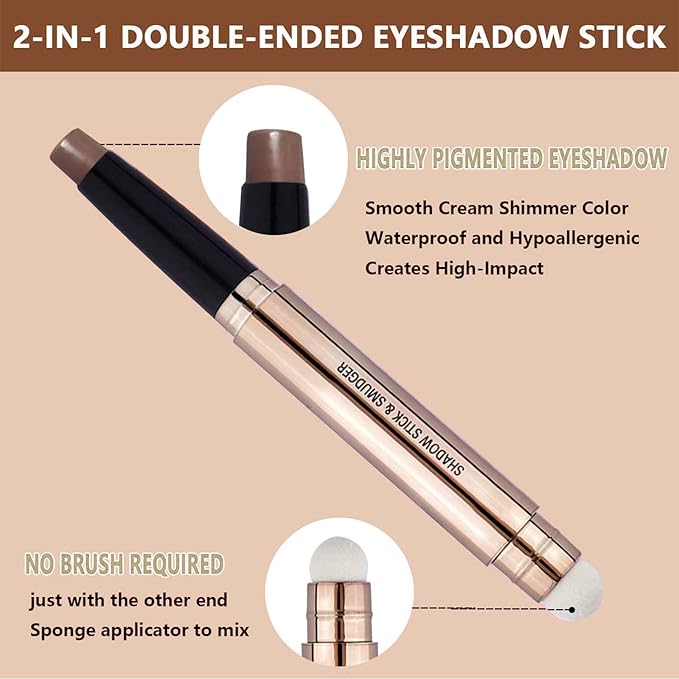 2 in 1 Brown Eyeshadow Stick Matte Cream Shimmer Eyeshadow Pencil Eyeliner Dark Light Single Crayon Primer Palette Hypoallergenic Waterproof Long Lasting Eye Shadow Highlighter Stick 17