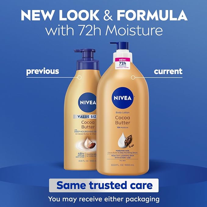 NIVEA Cocoa Butter Body Lotion for Dry Skin with Hyaluronic Acid, Cocoa Butter and Deep Nourishing Serum, 72-Hour Body Moisturizer, 33.8 Fl Oz Value Size Pump Bottle